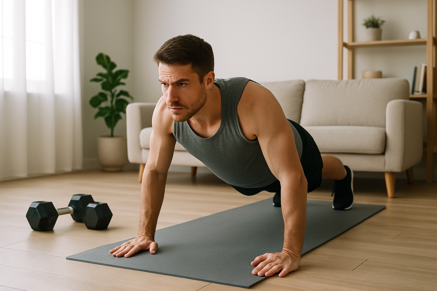 Sportlicher Weißer man mikt homeworkout